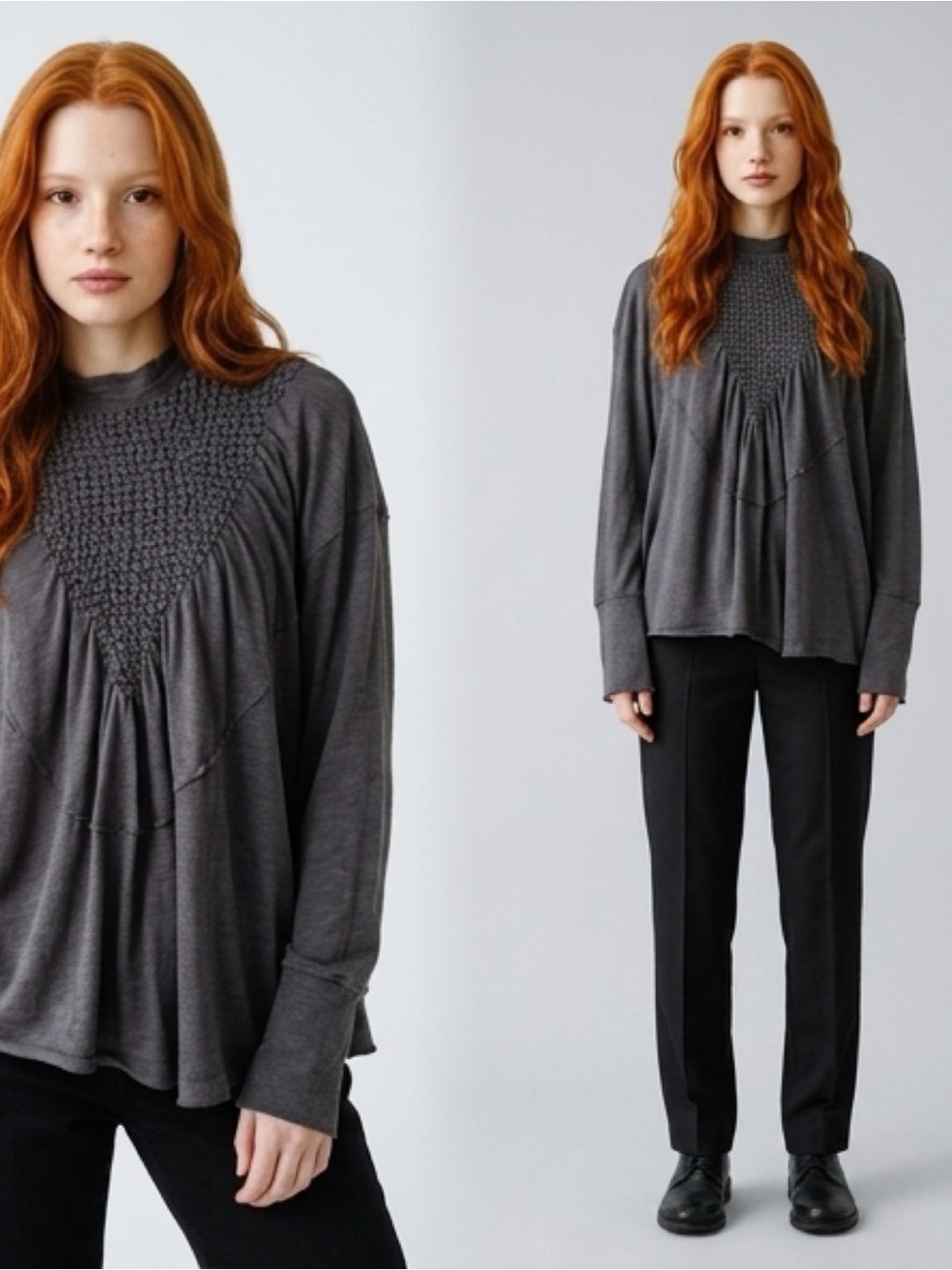 Smocked Yoke Long-Sleeve Pullover Sweatshirt Charcoal FREE PEOPLE NEW ROMANTICS - Picture 4 of 13